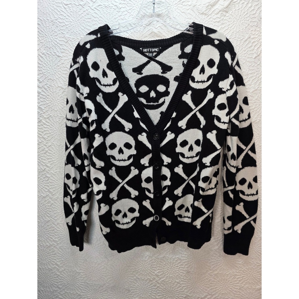 Hot Topic Cardigan Women MD Black Good Skull Crossbones Gothic Knit Sweater
